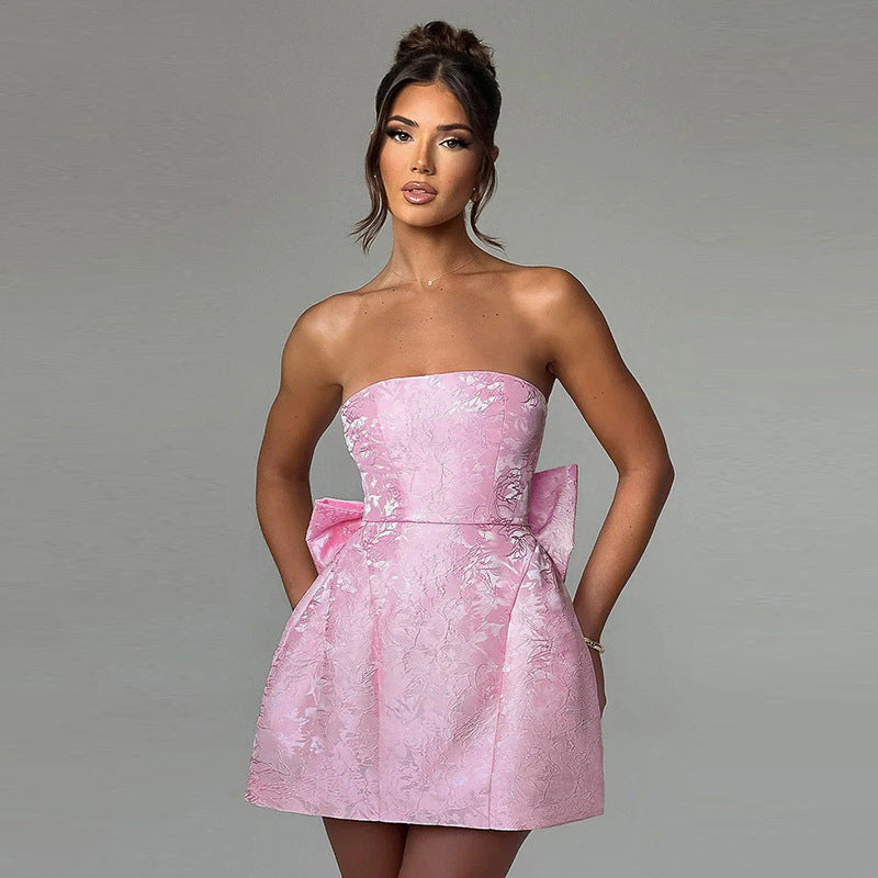 Women's Mini Dress Strapless Bow Detail Jacquard A-Line