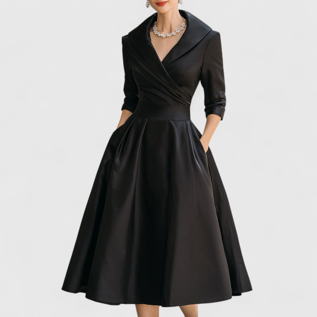 Women’s Elegant Wrap-Style Midi Dress with Pleated Skirt for Formal Occasions