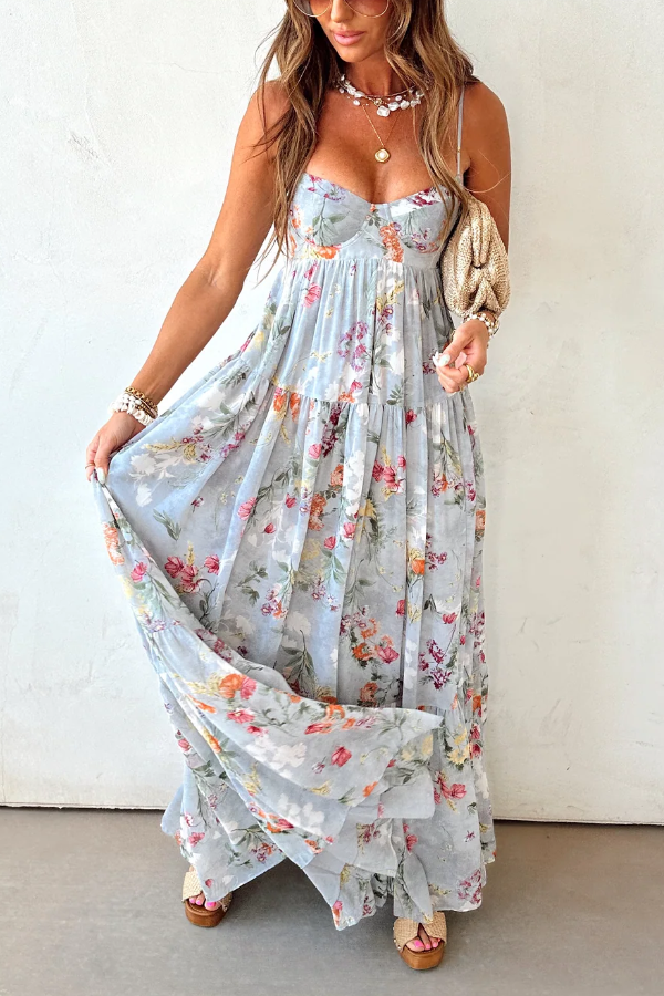 Women's Floral Tiered Maxi Dress Strapless