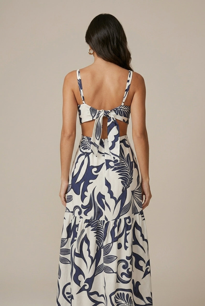 Women's Floral Print Waist Tie Maxi Dress