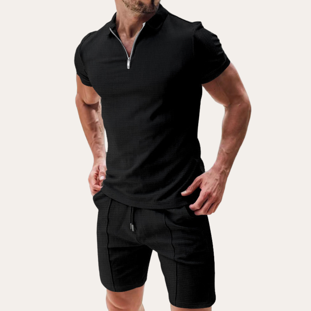 Men's Textured Polo Shirt Short Set - Zip Collar Two Piece