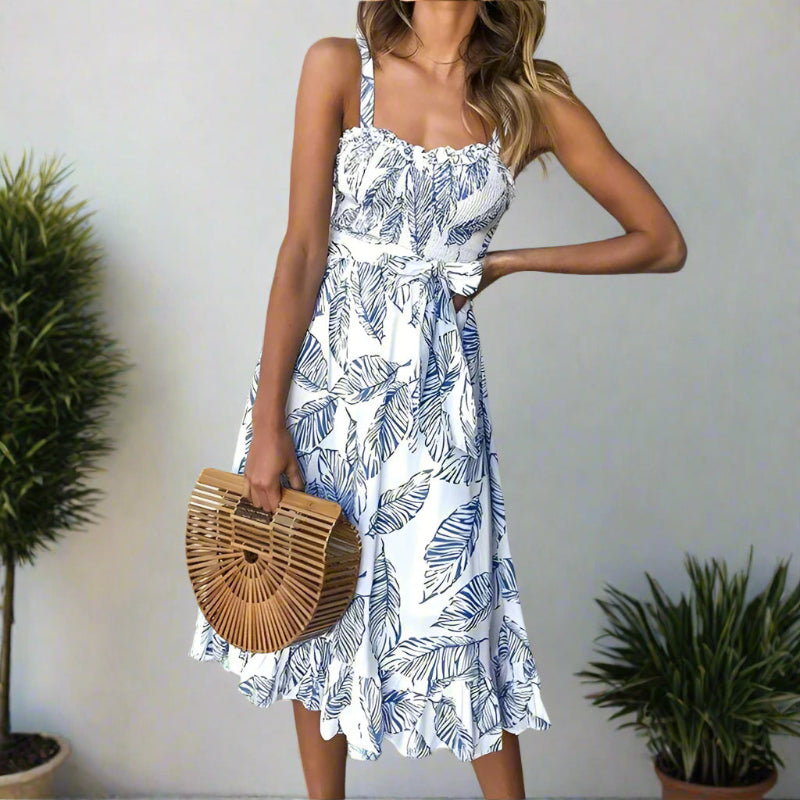 Women’s Spaghetti Strap Boho Midi Dress with Open Back Detail