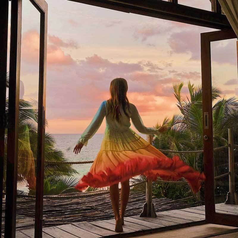 Women’s Tiered Boho Maxi Dress with Long Sleeves and V-Neck Bodice