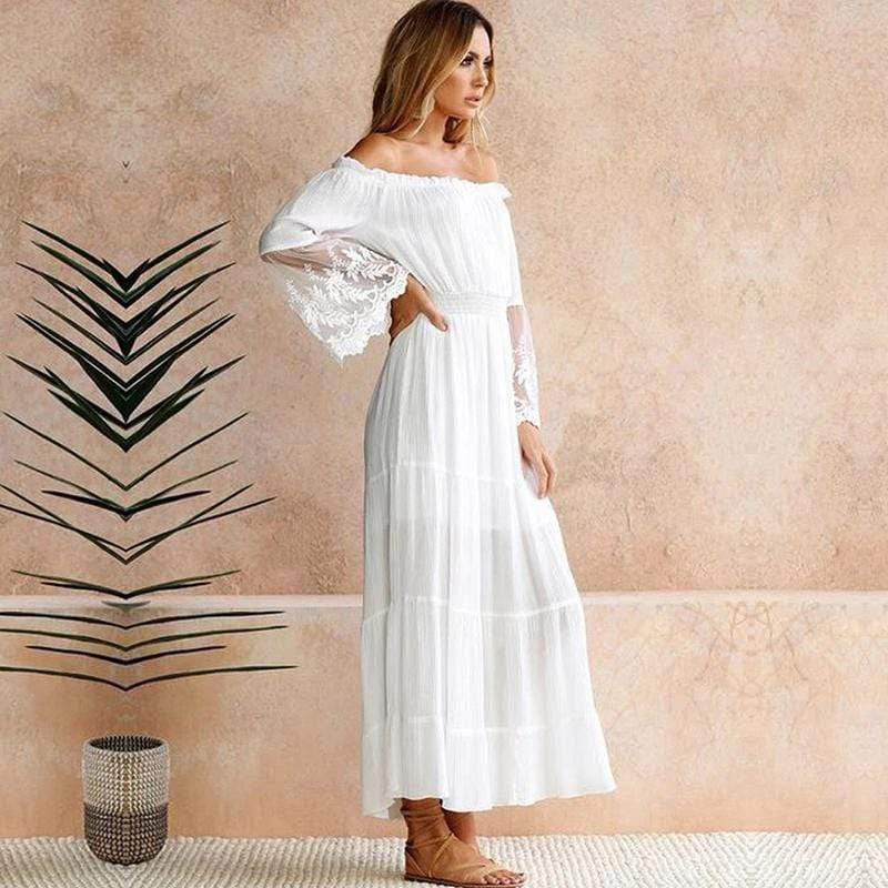 Boho Off-Shoulder Lace Maxi Dress – Flowing Beach-to-Evening Silhouette