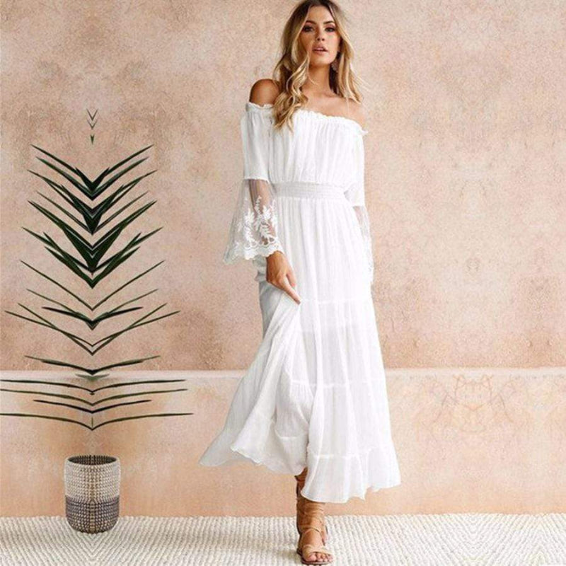 Boho Off-Shoulder Lace Maxi Dress – Flowing Beach-to-Evening Silhouette