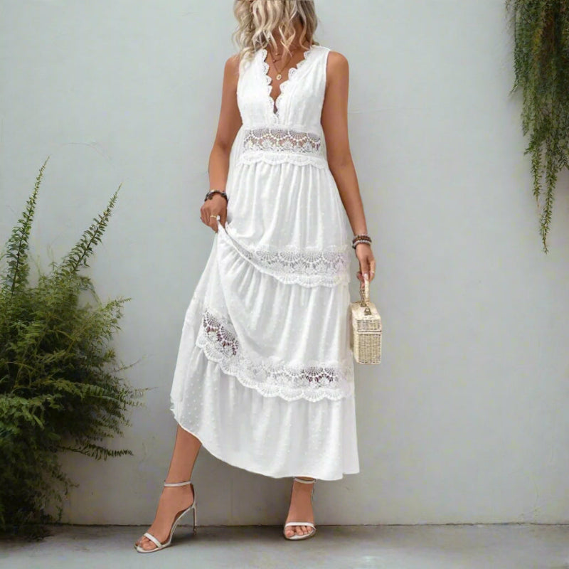 Women’s Sleeveless Maxi Dress with V-Neck and Lace Panel Detailing