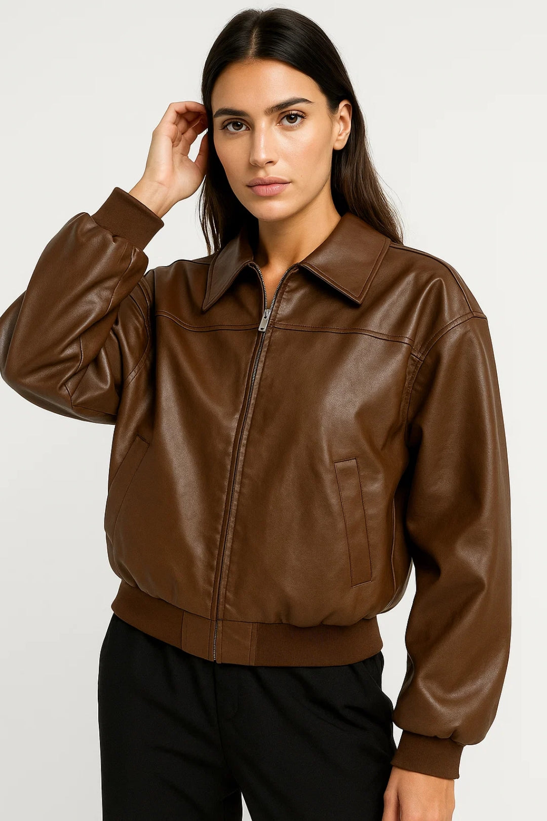 Women’s Faux Jacket – Zip-Up Bomber with Relaxed Fit