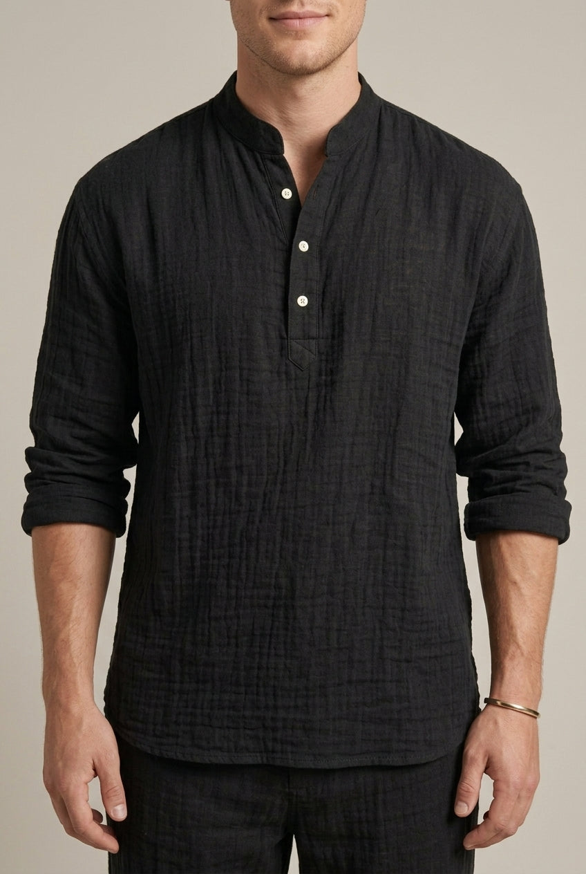 Men's Linen Two Piece Set - Long Sleeve V-Neck Henley Shirt and Jogger Pants with Drawstring