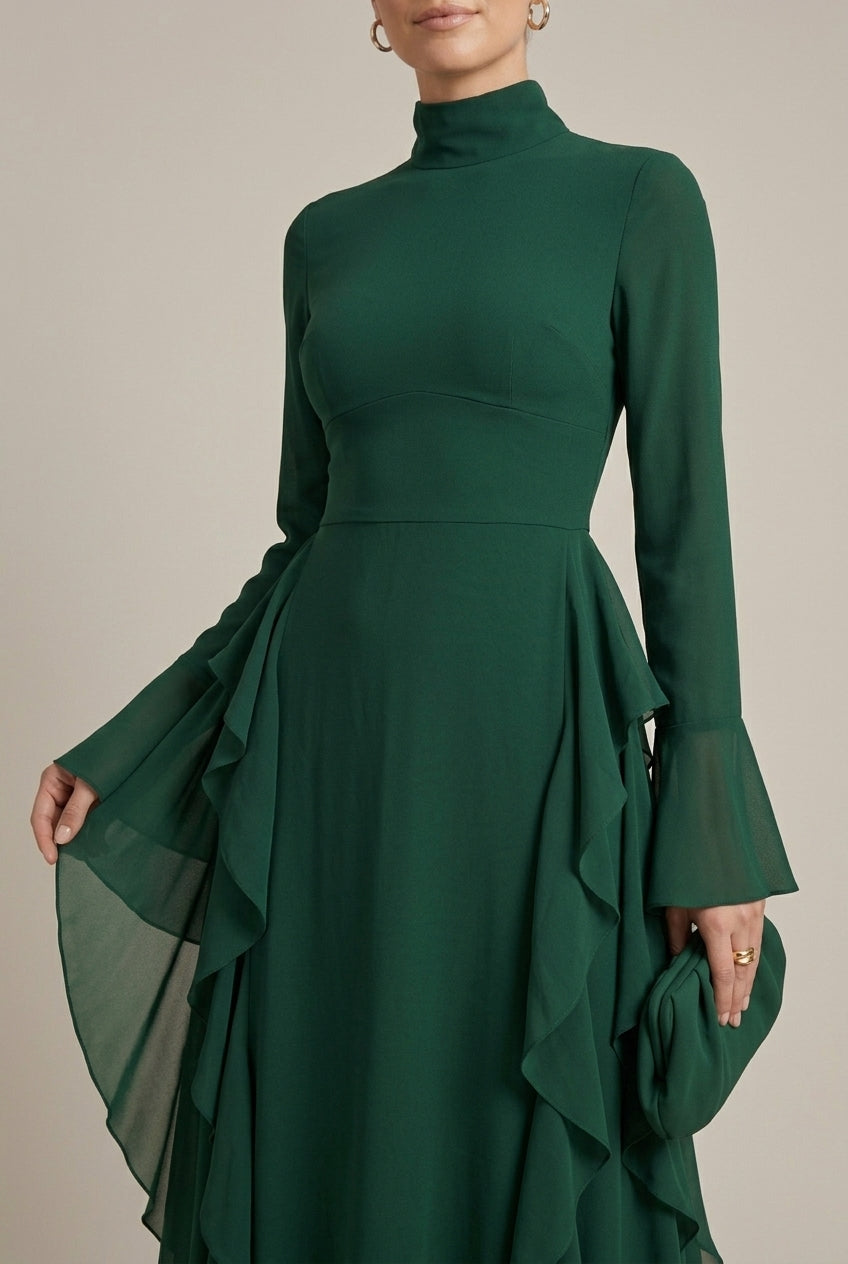 Women's Long Sleeve High Neck Ruffle Dress