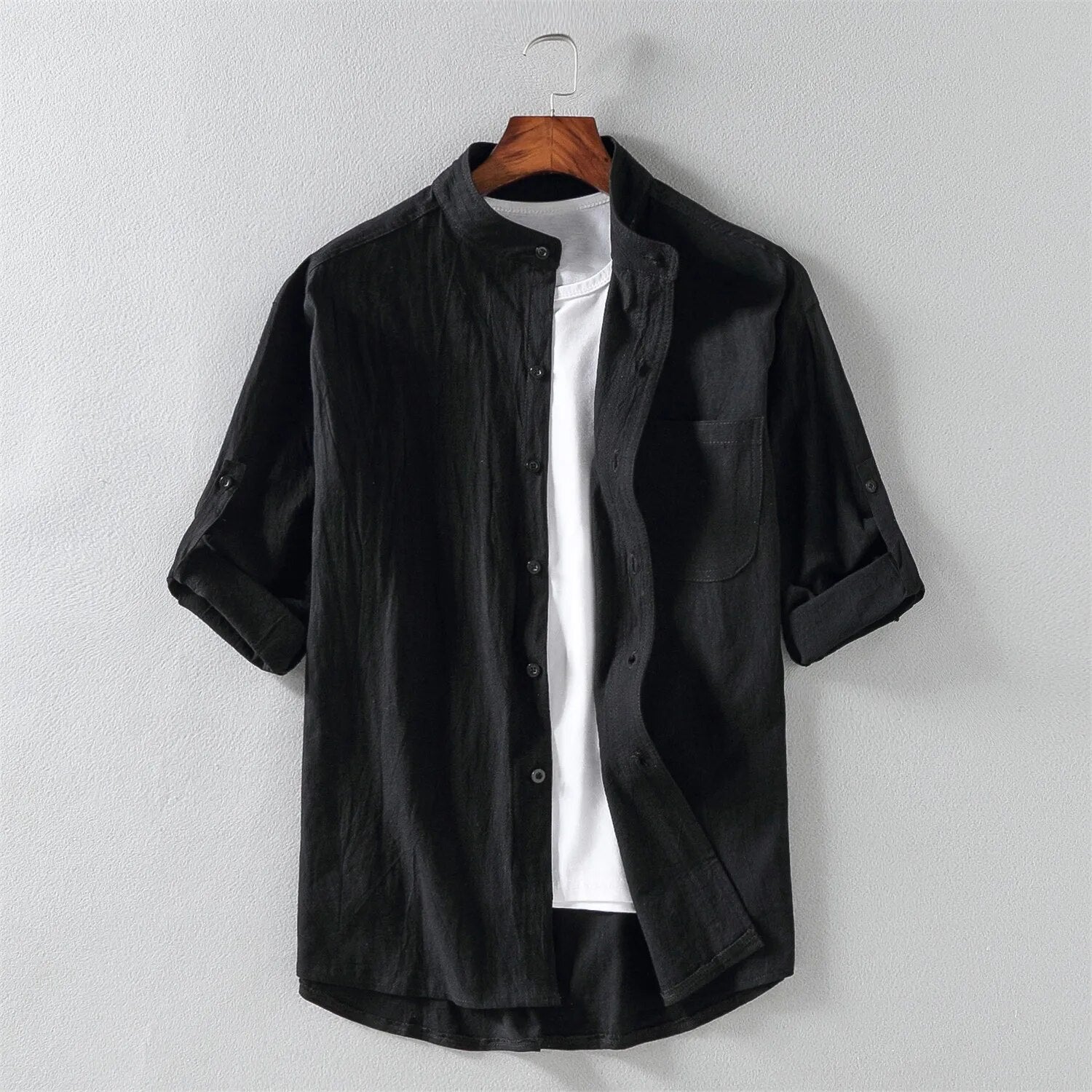 Men's Shirt Linen Blend Button-Down Roll-Up Sleeves Stand Collar