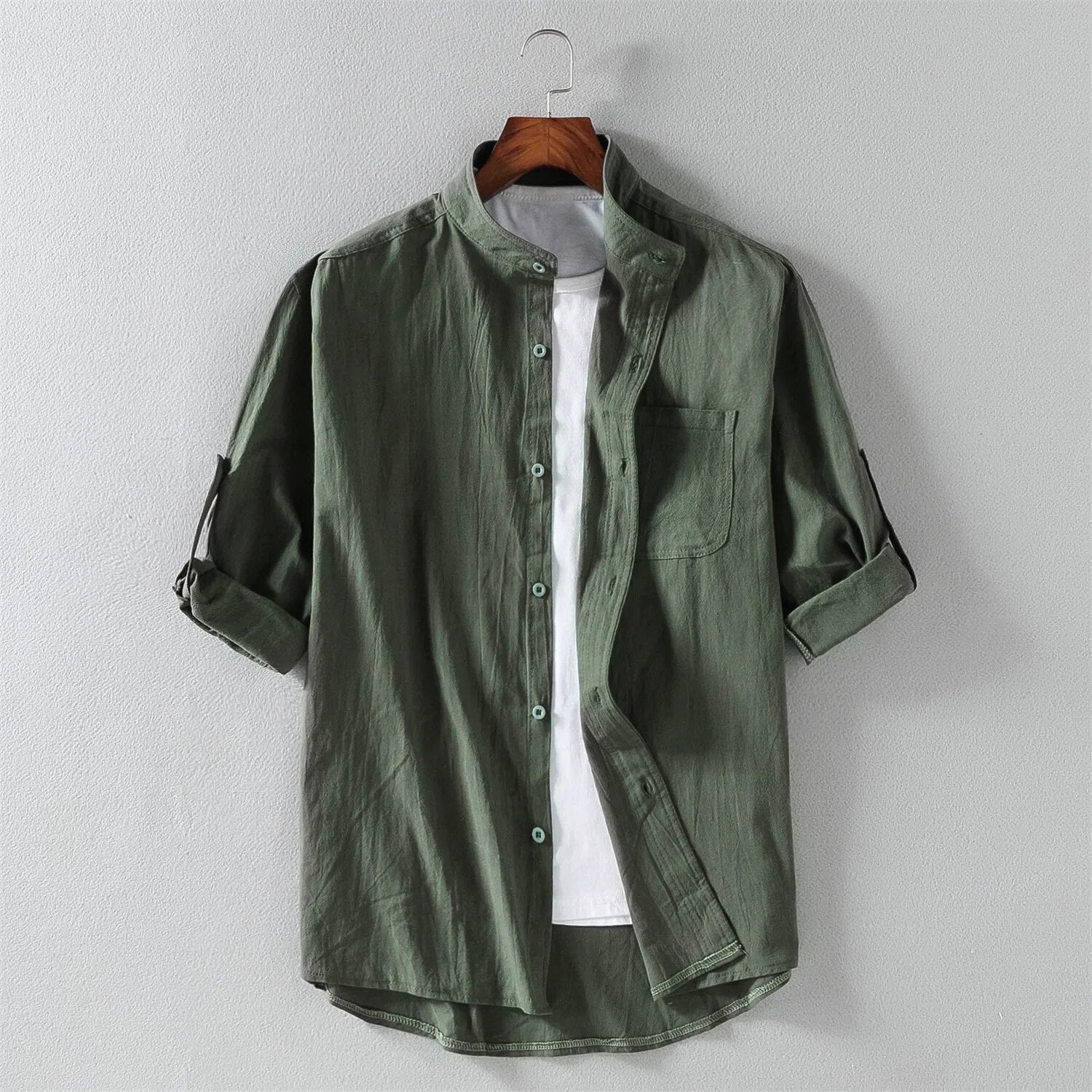 Men's Shirt Linen Blend Button-Down Roll-Up Sleeves Stand Collar
