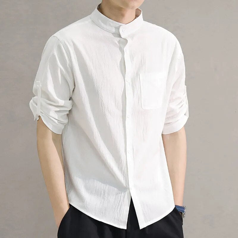 Men's Shirt Linen Blend Button-Down Roll-Up Sleeves Stand Collar