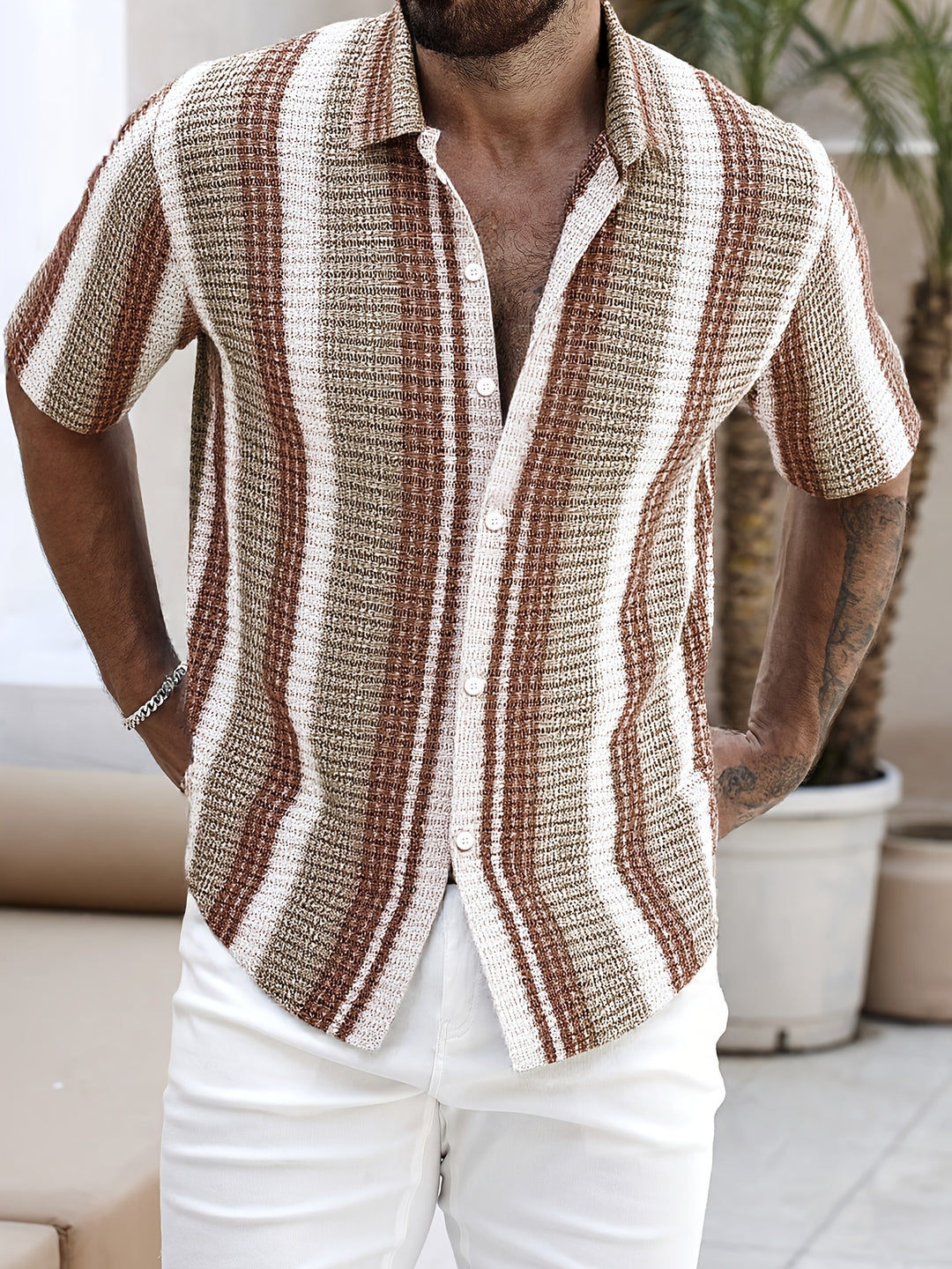 Men’s Short-Sleeve Striped Shirt – Lightweight Summer Style with Turn-Down Collar