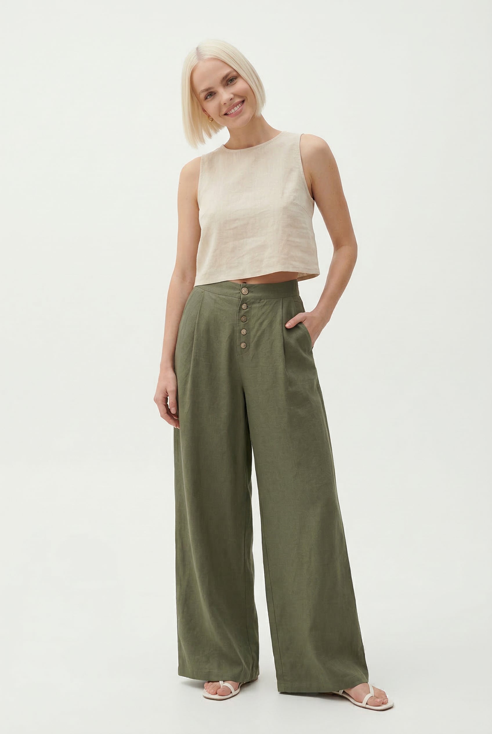 Pantalons larges en mélange de lin à boutons avec poches taille haute pour femmes