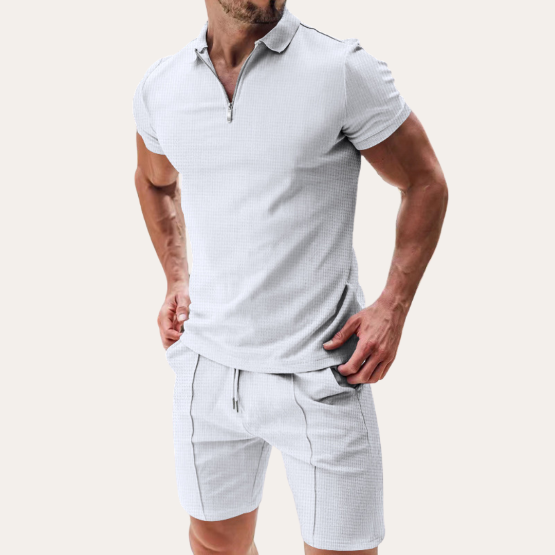 Men's Textured Polo Shirt Short Set - Zip Collar Two Piece