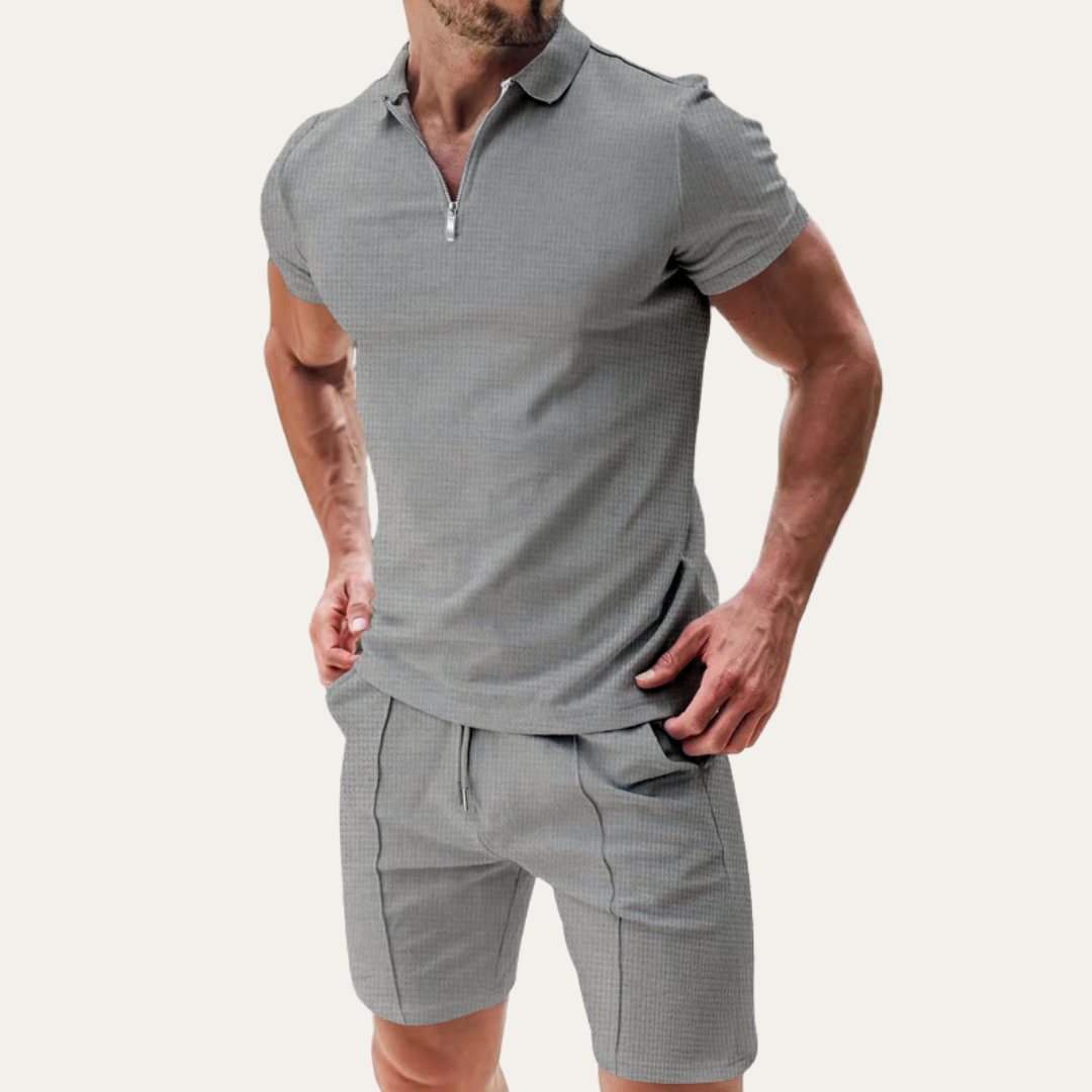Men's Textured Polo Shirt Short Set - Zip Collar Two Piece