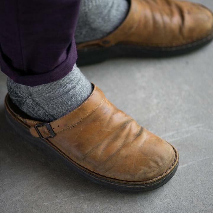 Men's Leather Slip-On Clogs with Buckle Strap