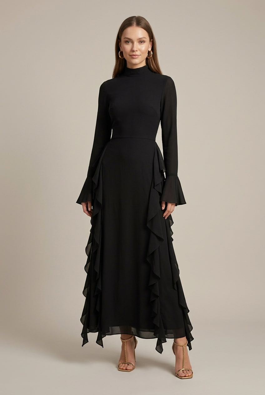Women's Long Sleeve High Neck Ruffle Dress