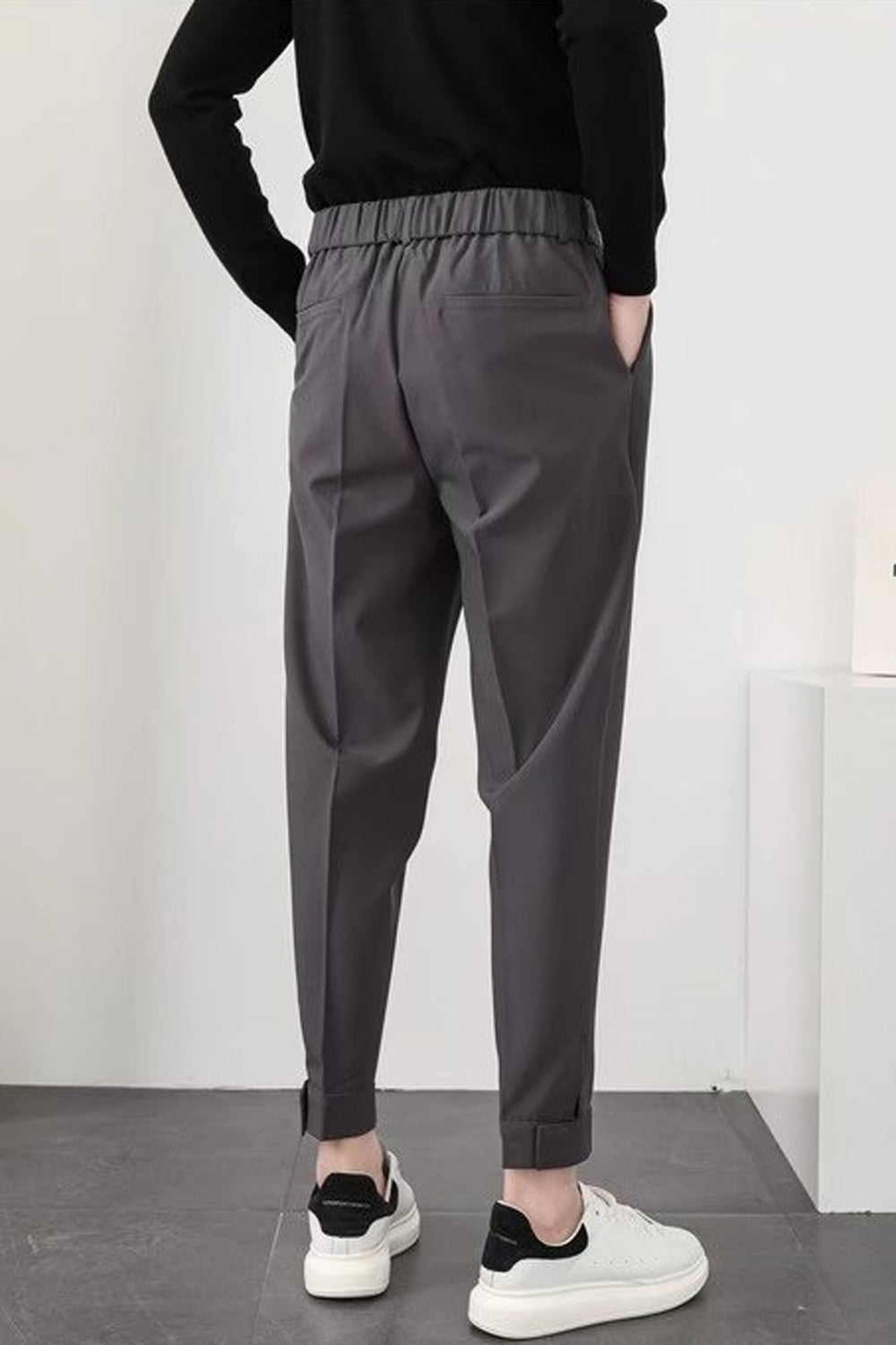 Men's High-Waisted Elastic Waist Tapered Cuffed Trousers