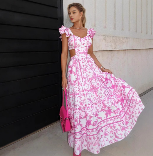 Women’s Pink Floral Deep V-Neck Ruffle Sleeve Maxi Dress – A-Line Silhouette