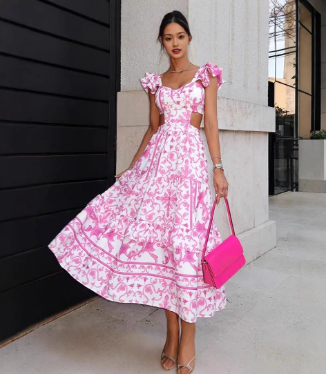 Women’s Pink Floral Deep V-Neck Ruffle Sleeve Maxi Dress – A-Line Silhouette