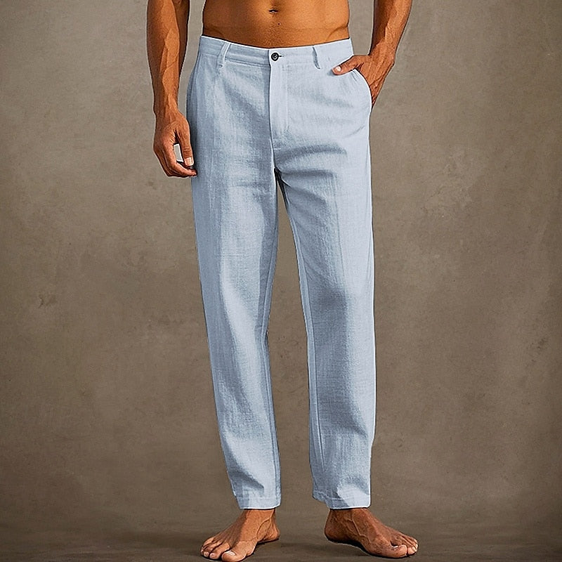 Men's Linen Straight Leg Casual Pants - Button Closure