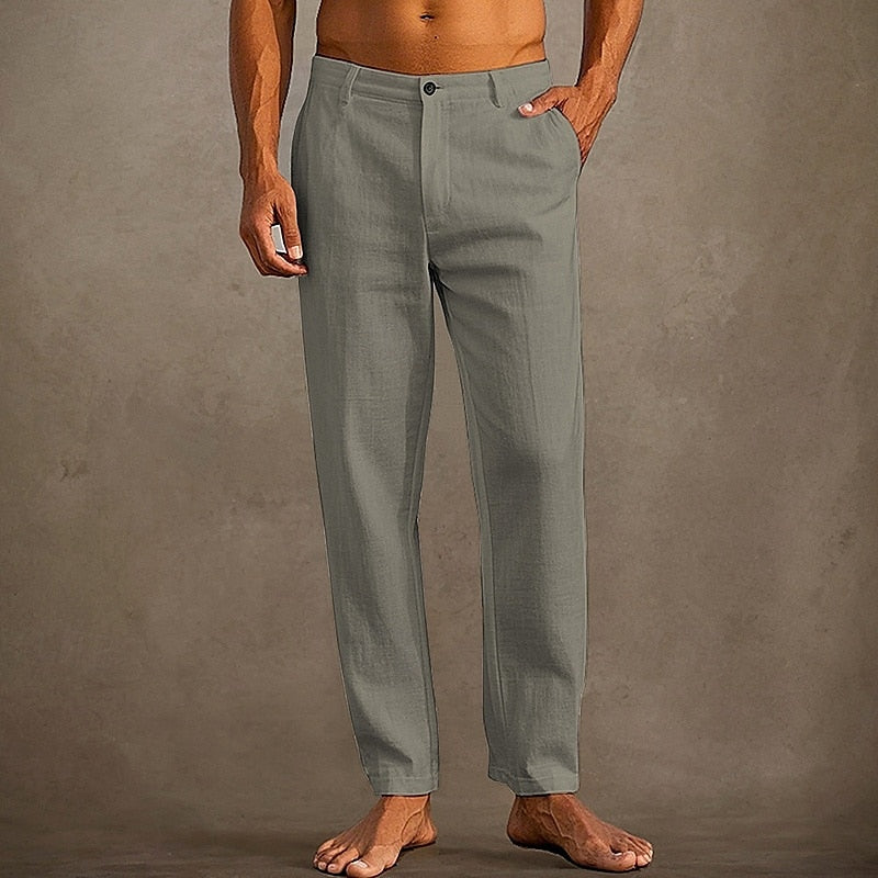 Men's Linen Straight Leg Casual Pants - Button Closure