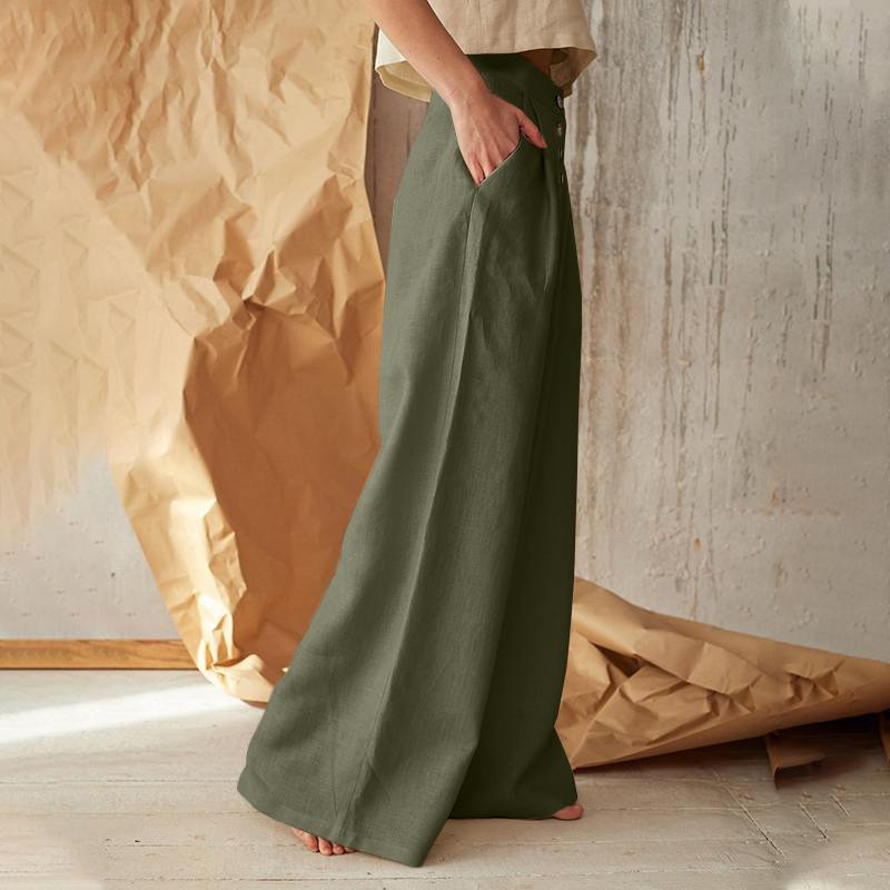 Pantalons larges en mélange de lin à boutons avec poches taille haute pour femmes