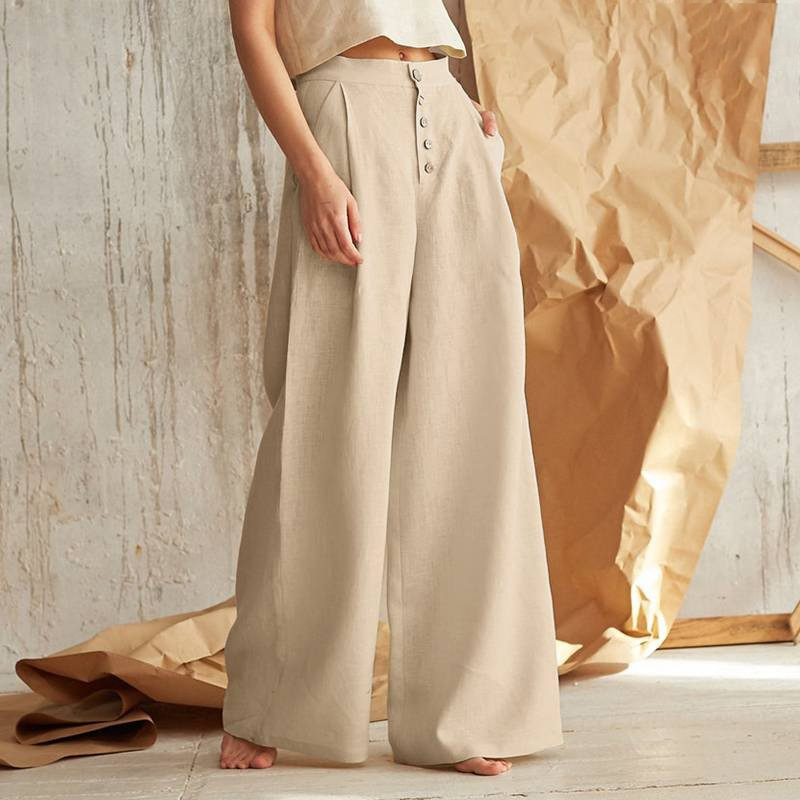 Pantalons larges en mélange de lin à boutons avec poches taille haute pour femmes