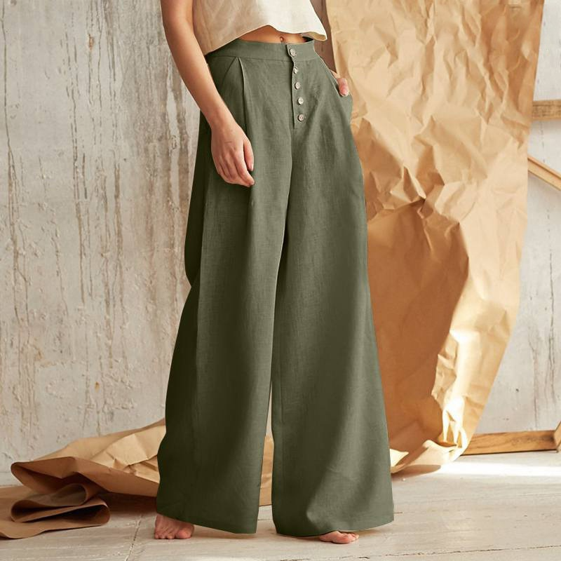 Pantalons larges en mélange de lin à boutons avec poches taille haute pour femmes