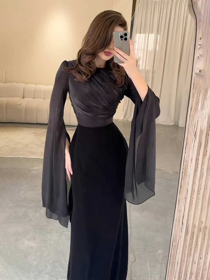Women’s Cape Sleeve Maxi Dress with Draped Silhouette for Evening Wear