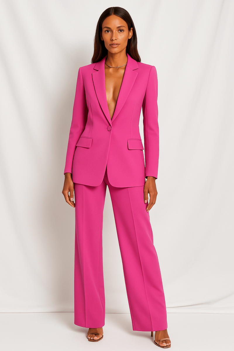 Ladies Plunging Pants Suit Set – Tailored Single - Button Blazer with Straight - Leg Pants