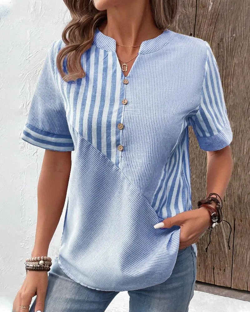 Women’s Relaxed Striped Short Sleeve Blouse with Button Detail