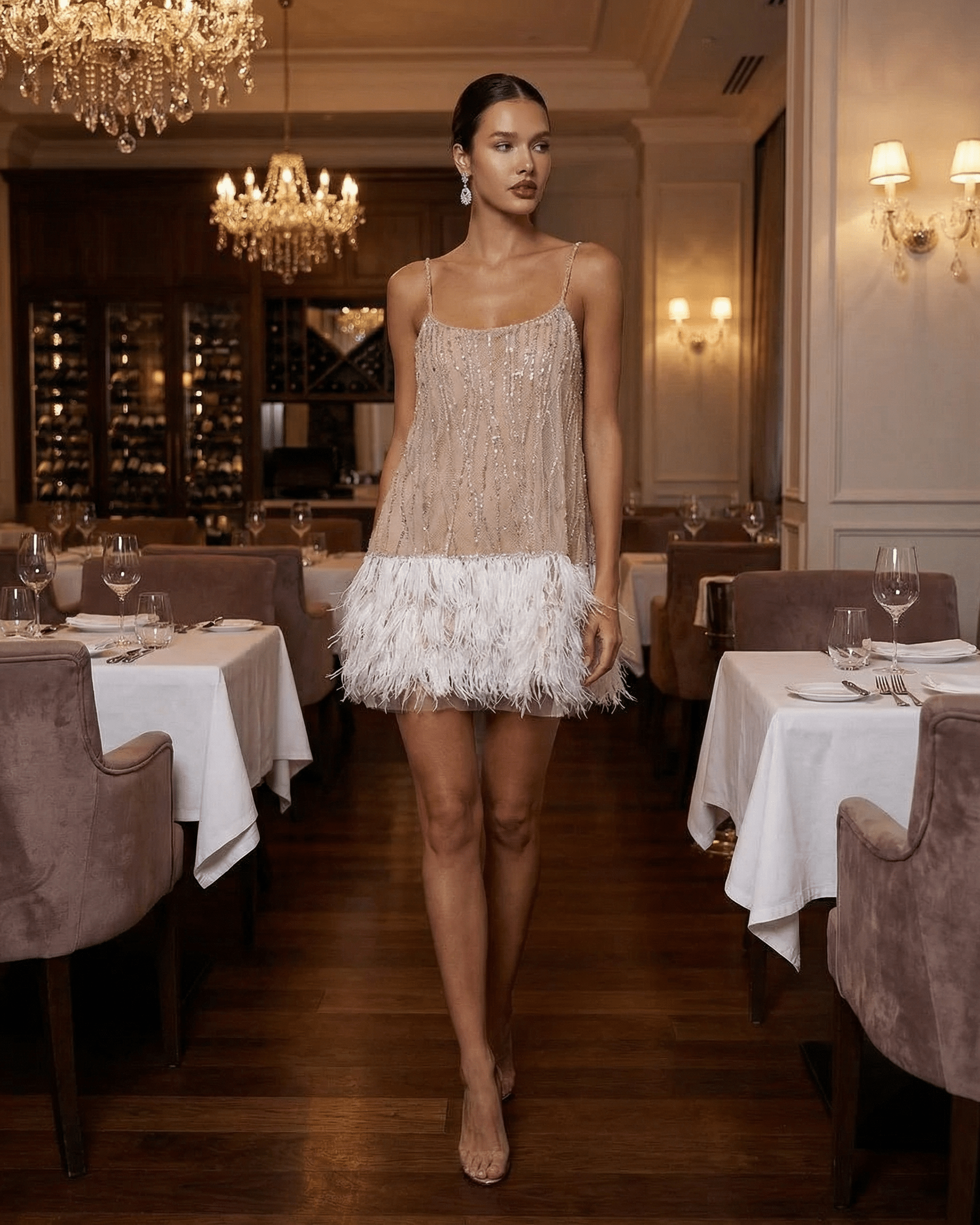 Robe mini à bretelles spaghetti en sequins pour femmes avec bordure en plumes