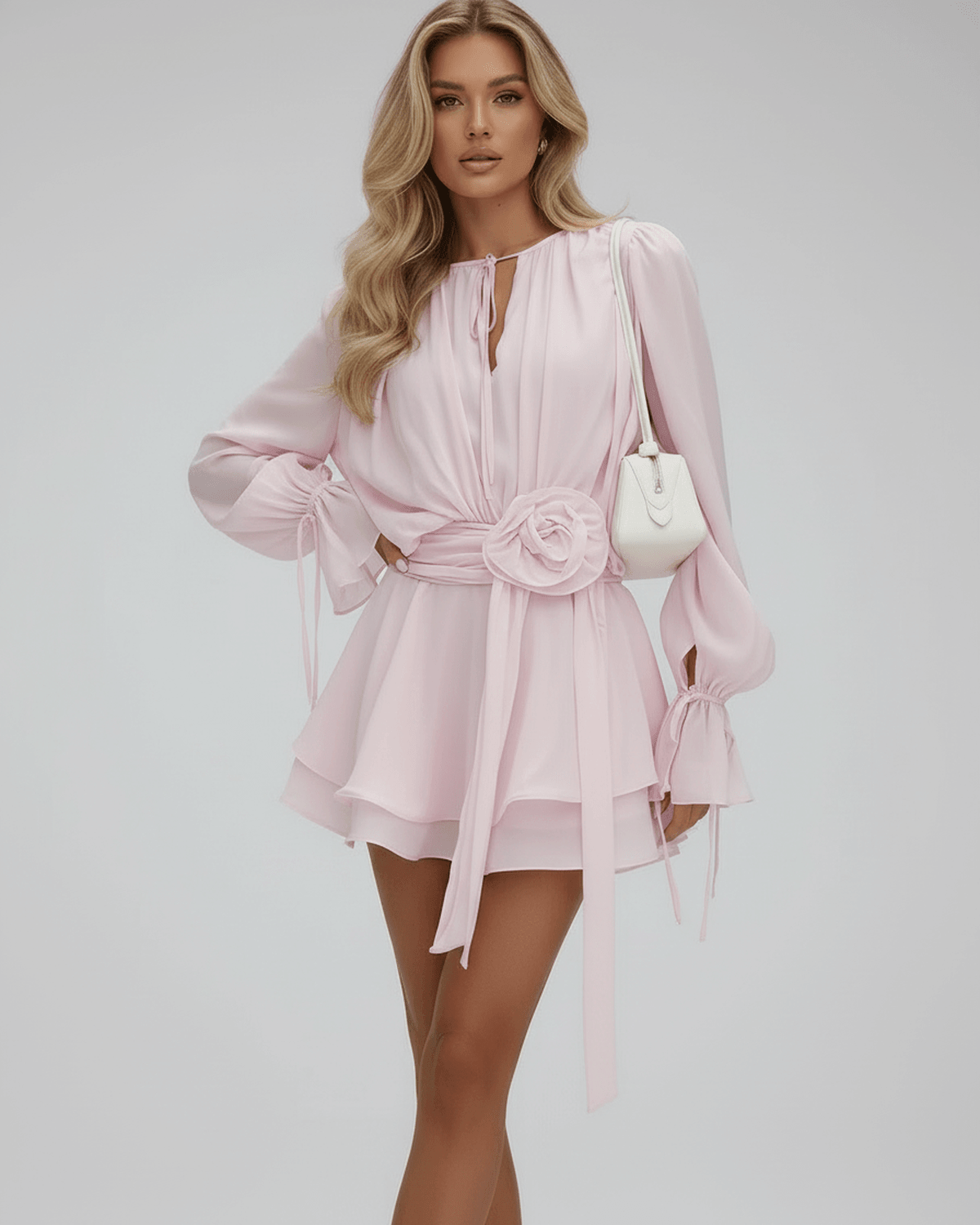 Robe mini à volants à manches longues avec ceinture rose pour femmes