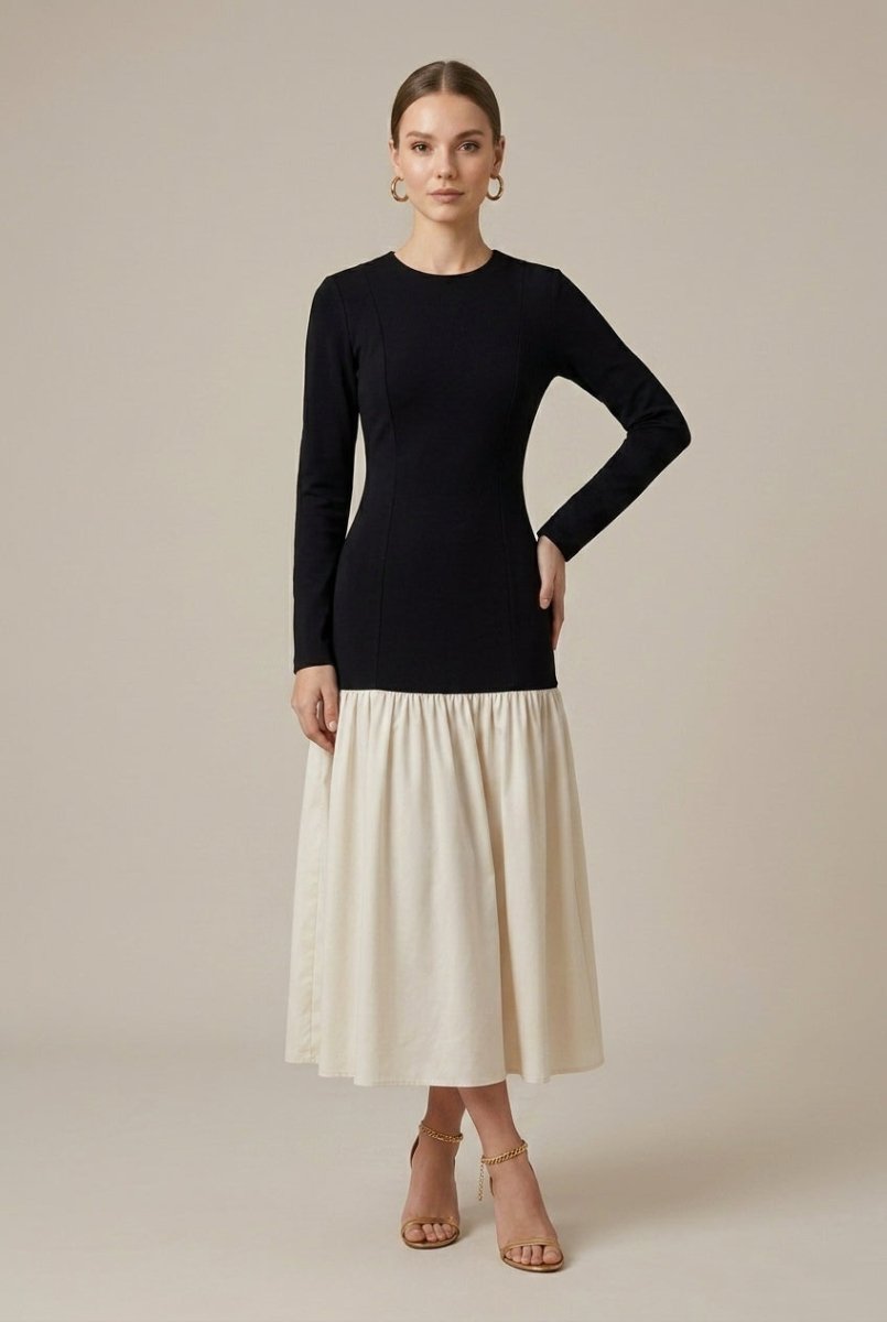 Long Sleeve Drop Waist Midi Dress – Fitted Panel Bodice with Contrast Flared Skirt
