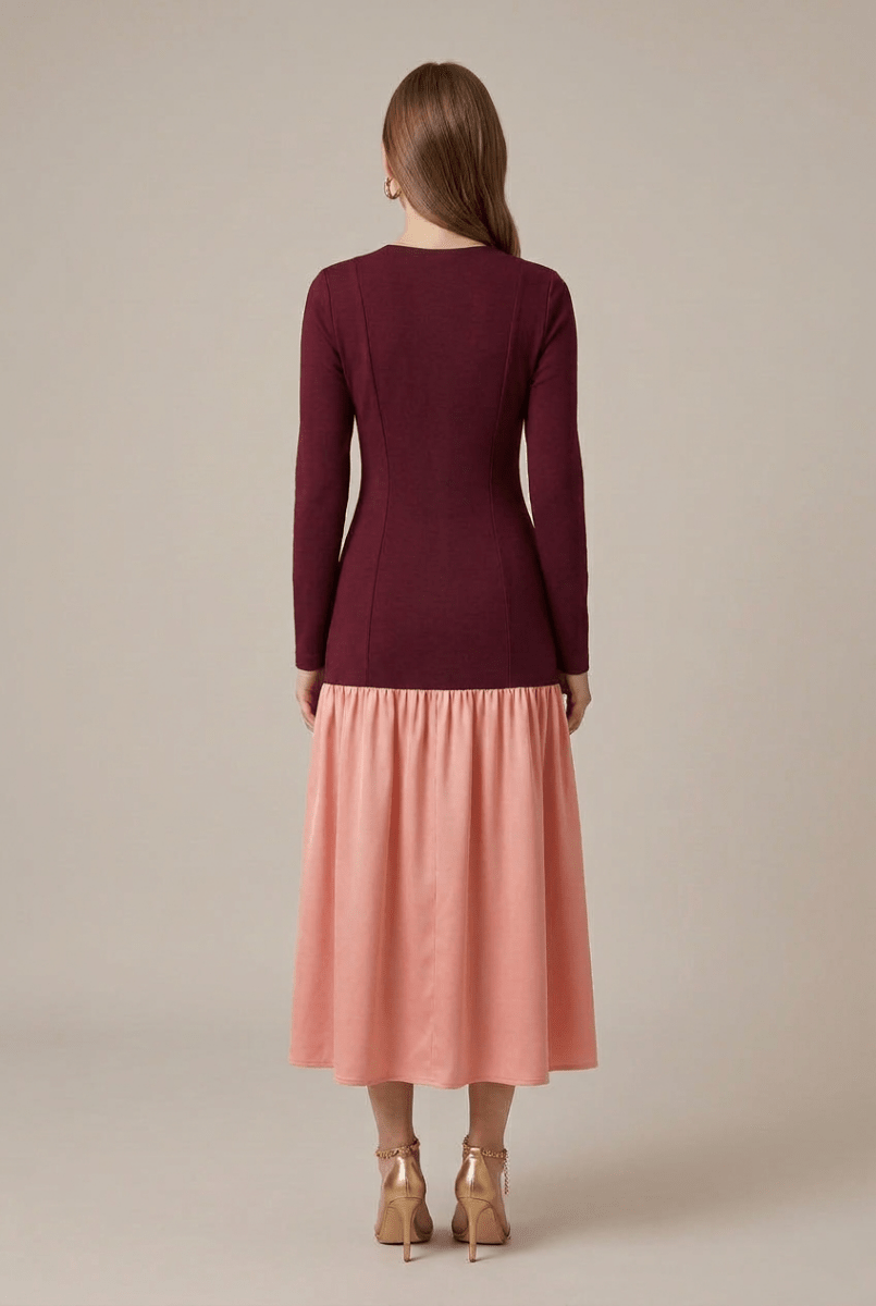 Long Sleeve Drop Waist Midi Dress – Fitted Panel Bodice with Contrast Flared Skirt