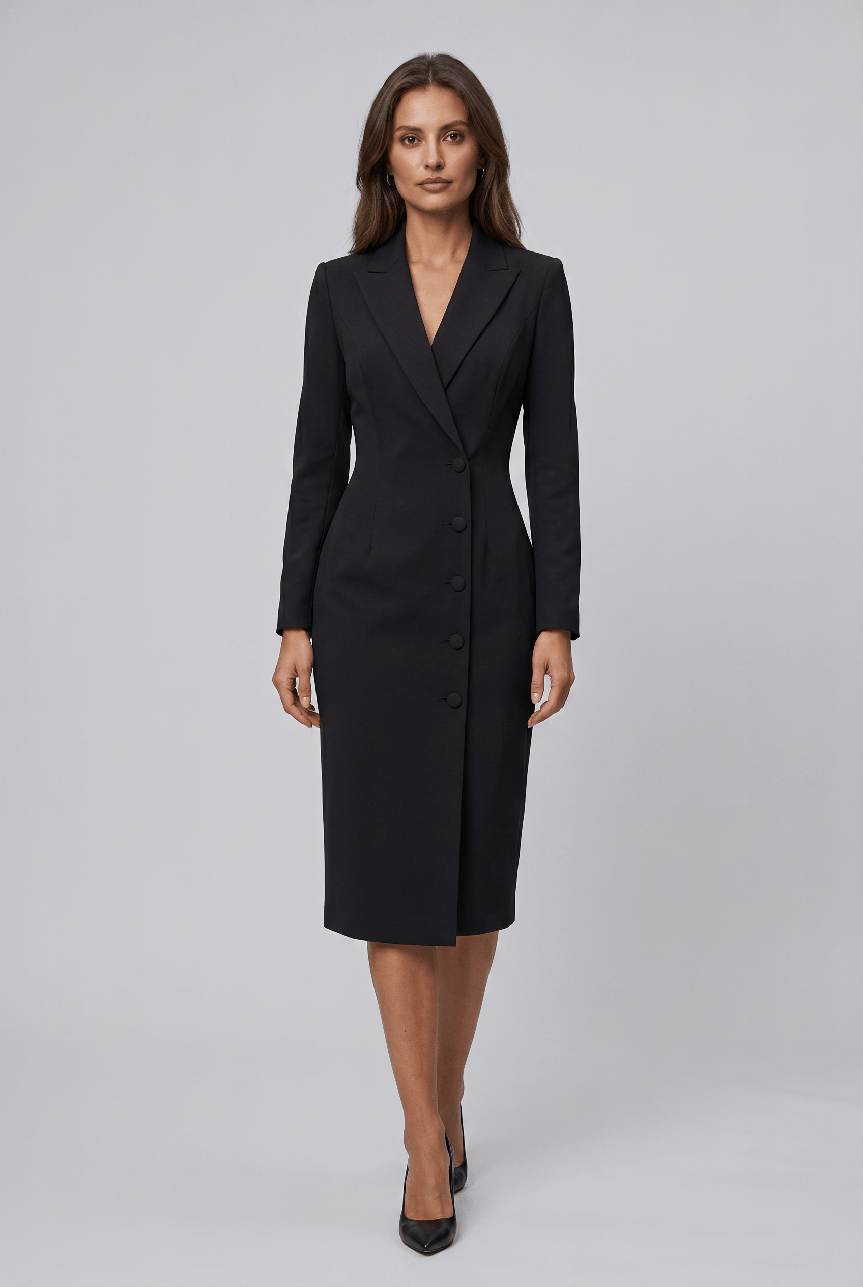 Women's Double-Breasted Blazer Dress - Long Sleeve Lapel Collar Midi