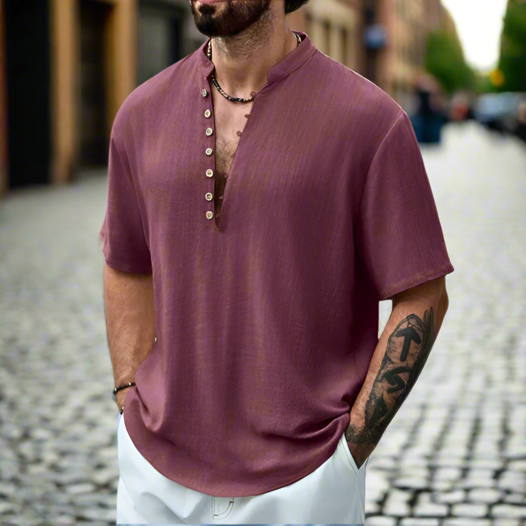 Men's Linen Henley Short Sleeve Relaxed Fit Button Neck Shirt