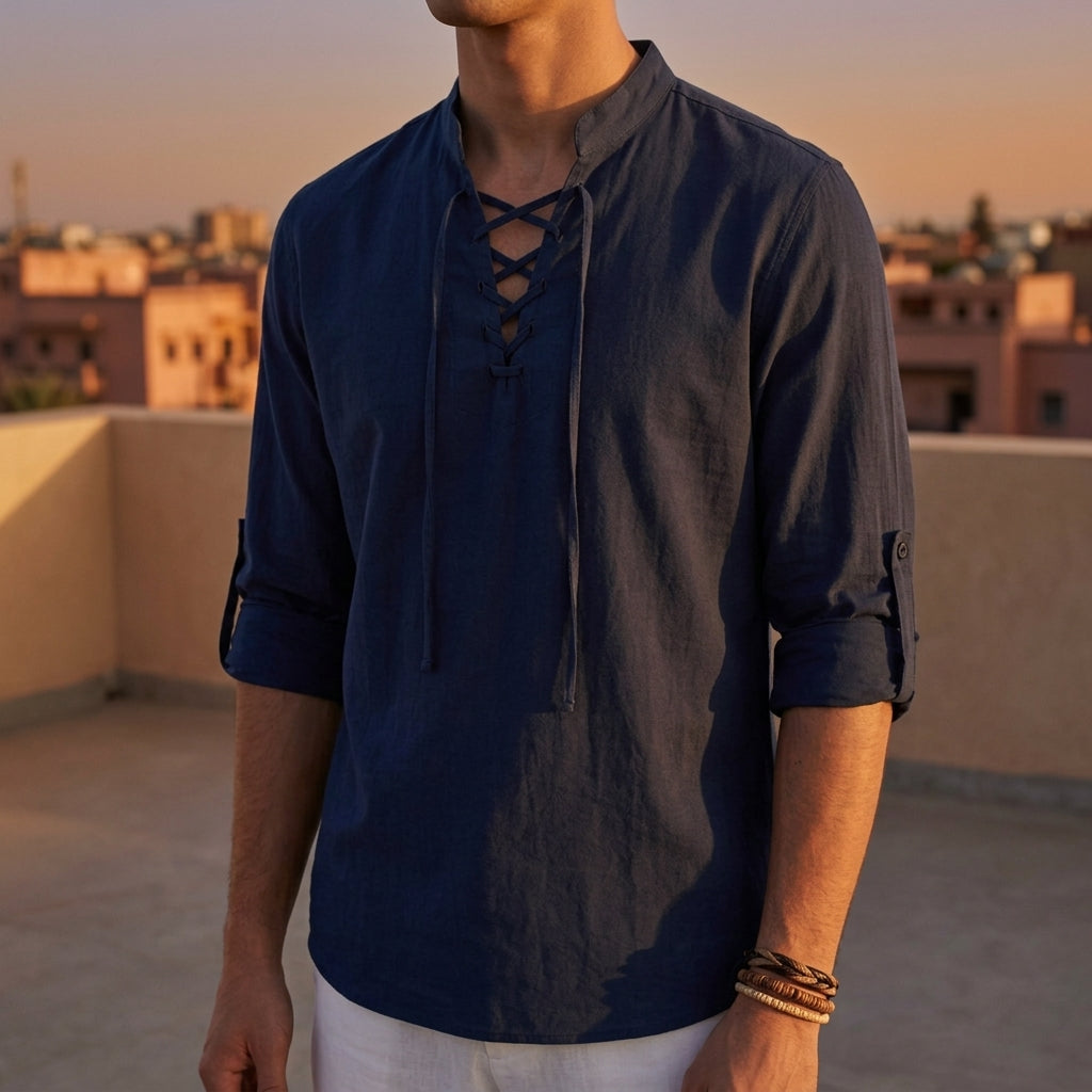 Chemise à col band à lacets avec manches retroussées en mélange de lin pour hommes