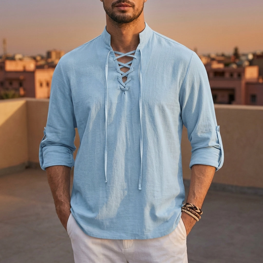 Chemise à col band à lacets avec manches retroussées en mélange de lin pour hommes