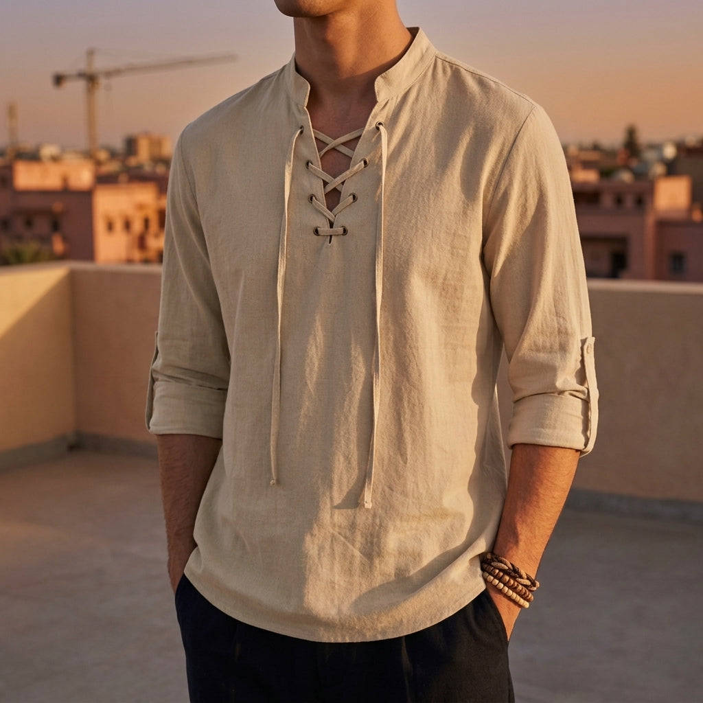 Chemise à col band à lacets avec manches retroussées en mélange de lin pour hommes