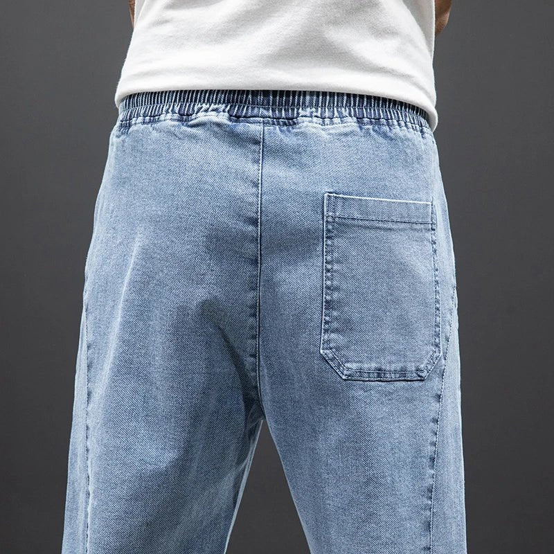 Men’s Denim Jogger Pants with Elastic Waistband and Cuffed Hem