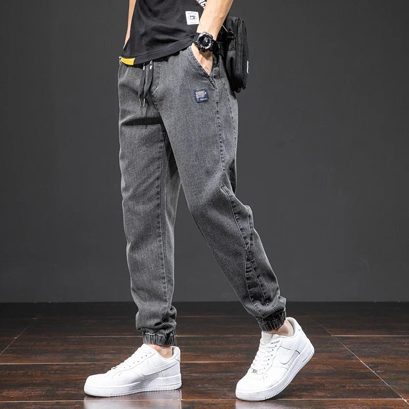 Men’s Denim Jogger Pants with Elastic Waistband and Cuffed Hem