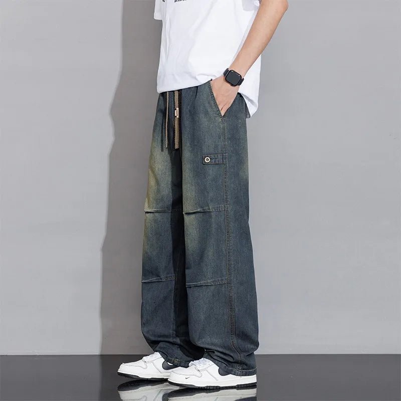 Men's Denim Wide Leg Drawstring Cargo Pants