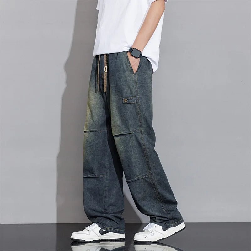 Men's Denim Wide Leg Drawstring Cargo Pants