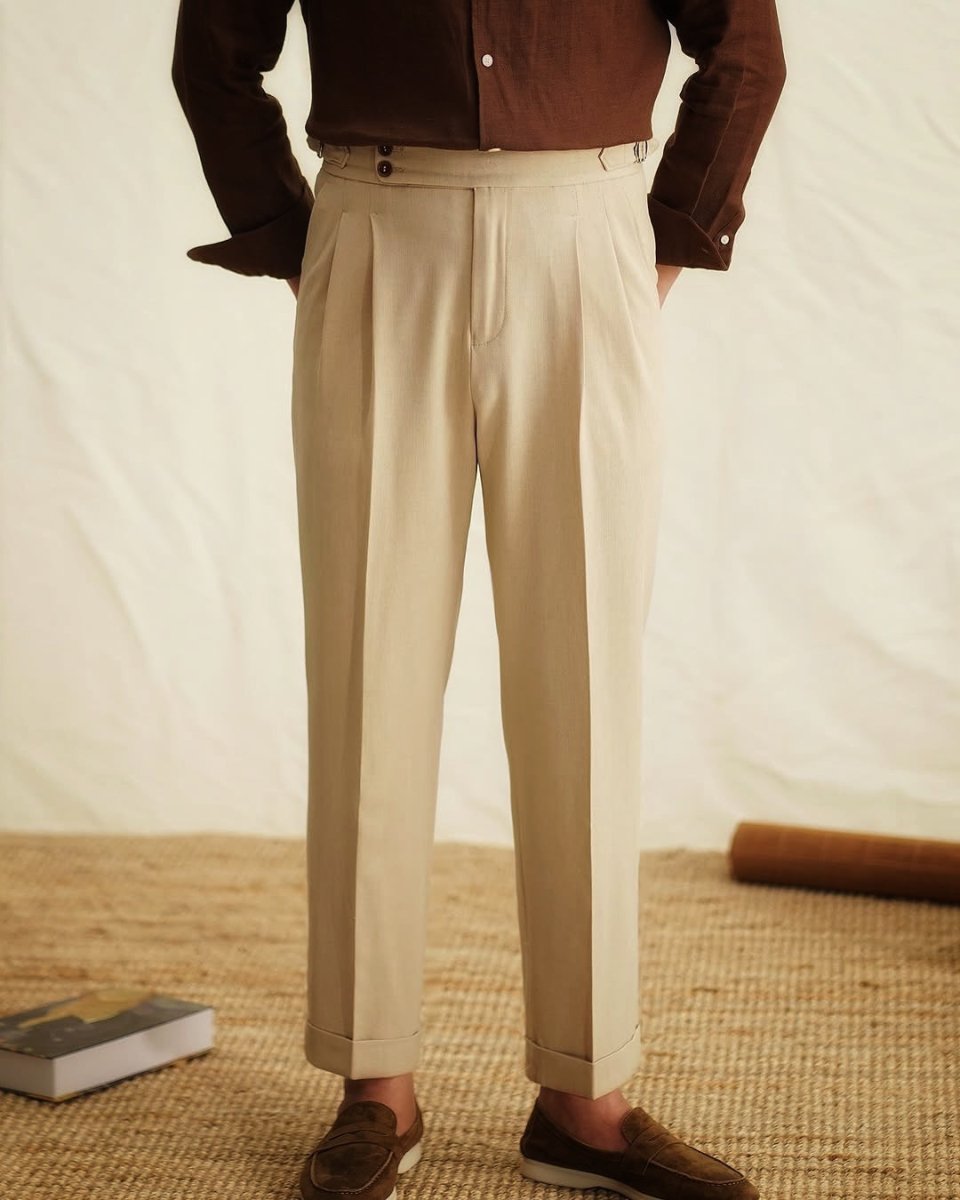 Men’s High - Waisted Pleated Pants with Side Buckle Adjusters and Cuffed Hem