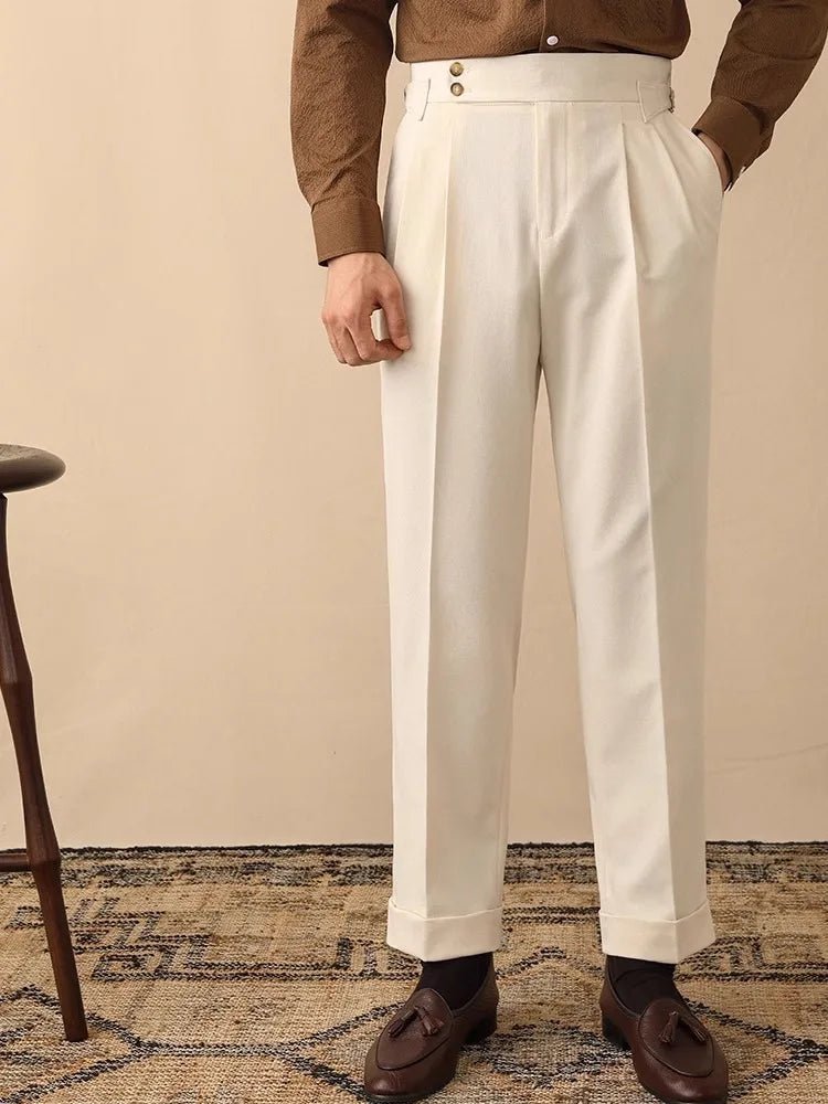 Men’s High - Waisted Pleated Pants with Side Buckle Adjusters and Cuffed Hem