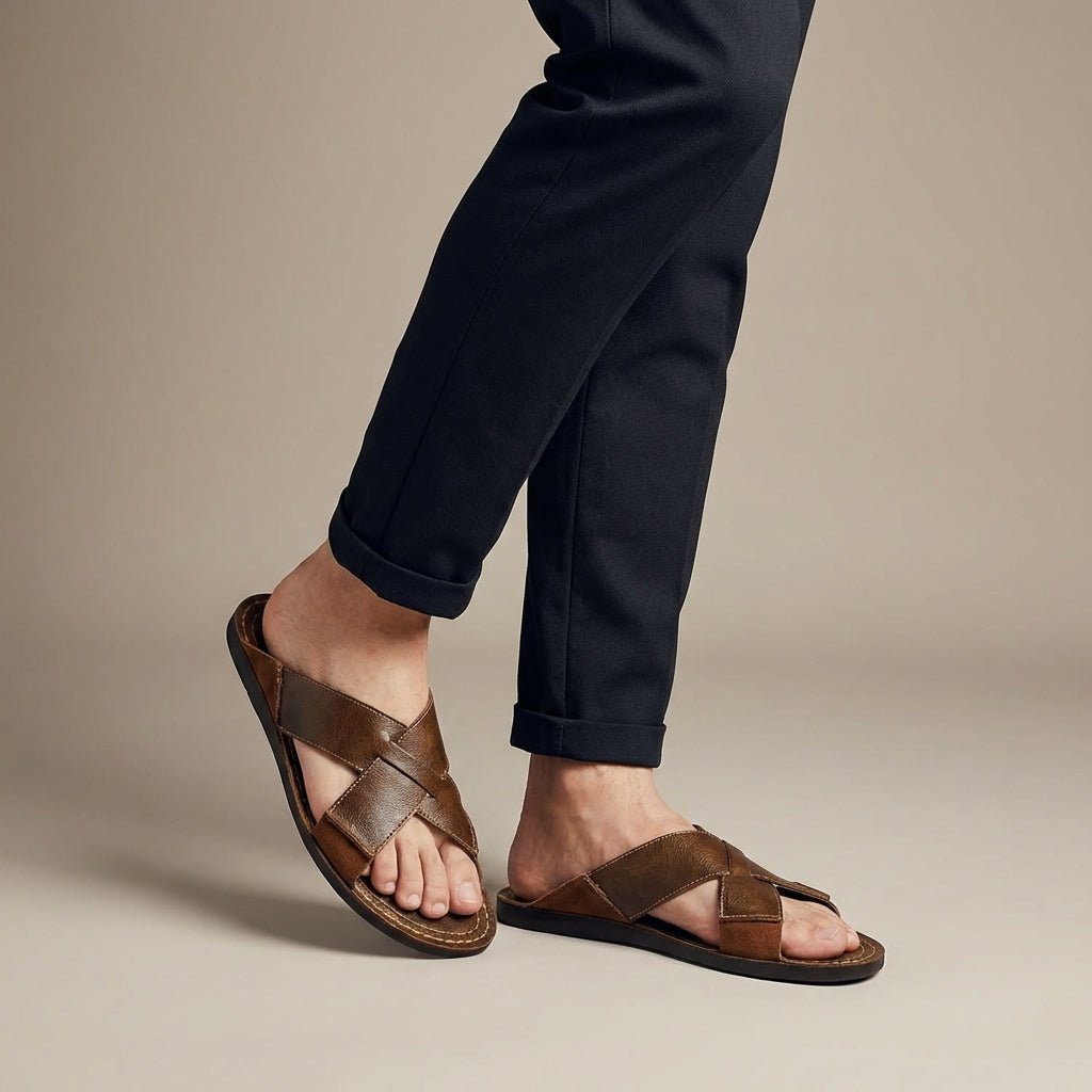 Men’s Leather Cross - Strap Slide Sandals with Contrast Topstitch Detail – Refined Casual Slip - On