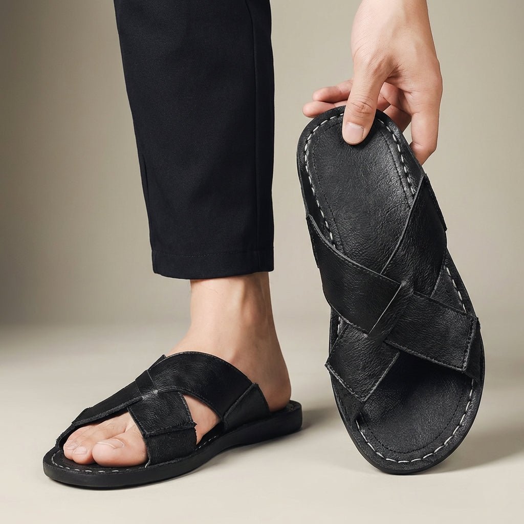 Men’s Leather Cross - Strap Slide Sandals with Contrast Topstitch Detail – Refined Casual Slip - On